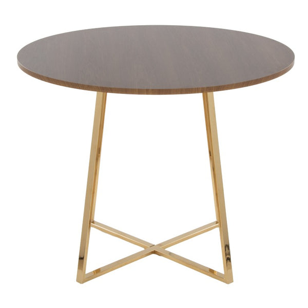 English Elm 1 Round Walnut Top Dining Table with Sculptural Gold Base Seats Four Glam Modern B202S02516