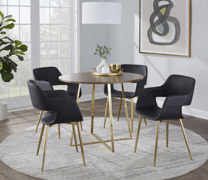 English Elm 1 Round Walnut Top Dining Table with Sculptural Gold Base Seats Four Glam Modern B202S02516