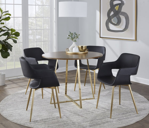 English Elm 1 Round Walnut Top Dining Table with Sculptural Gold Base Seats Four Glam Modern B202S02516