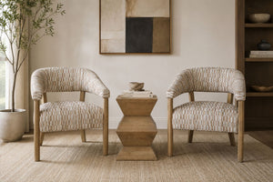 English Elm Modern Sculptural Arm Dining Chair Wheat Performance Fabric and Natural Wood Frame B2699P576218