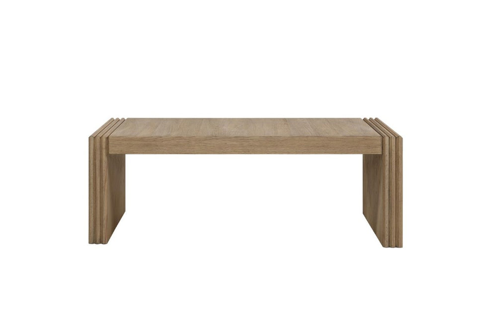 English Elm Modern White Oak Veneer Living Room Table with Wheat Grain Finish and Textured Panels Cocktail Table Ribbed Wood Legs B2699P584218