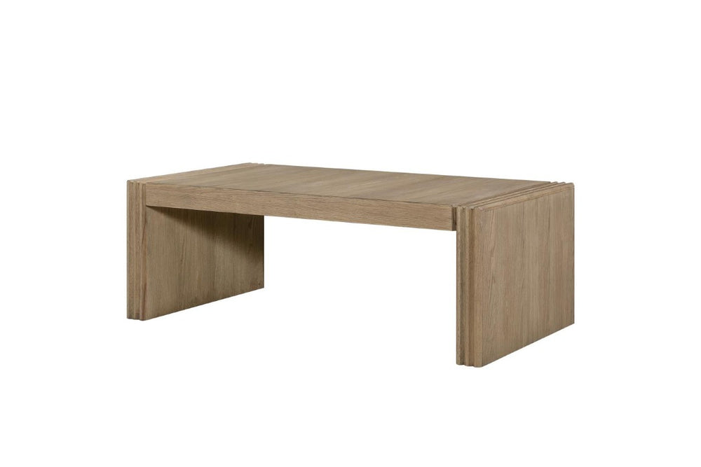 English Elm Modern White Oak Veneer Living Room Table with Wheat Grain Finish and Textured Panels Cocktail Table Ribbed Wood Legs B2699P584218