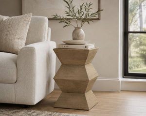 English Elm Modern Oak Veneer Sculptural Geometric Side Table with Warm Wheat Finish Japandi Accent B2699P585690