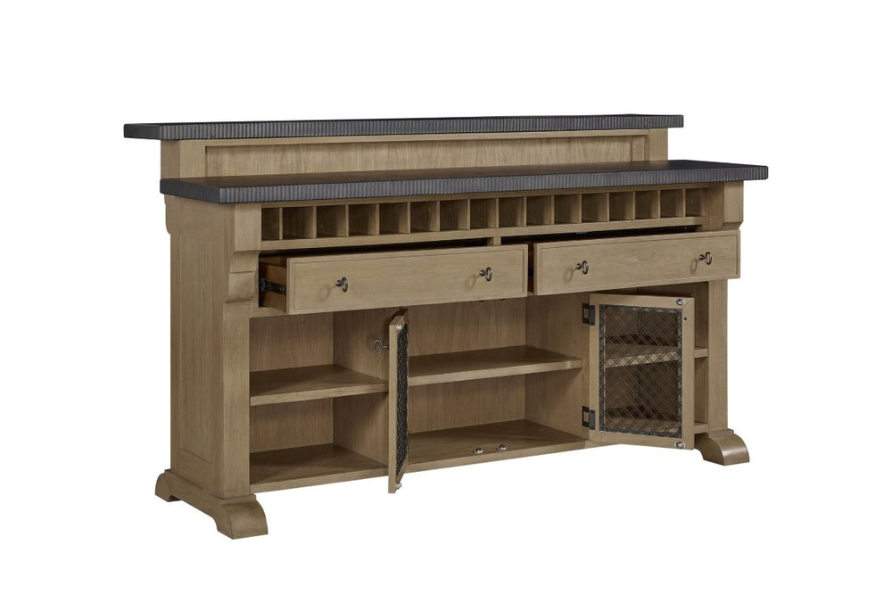English Elm Modern Hickory Veneer Bar Cabinet with Cement Top Wine Slots and Drawer Storage B2699P587669