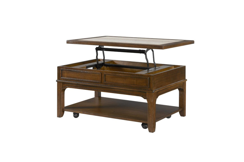 English Elm Lift-Top Cocktail Table with Concealed Compartment Open Shelf and Casters Warm Brown B2699P589267
