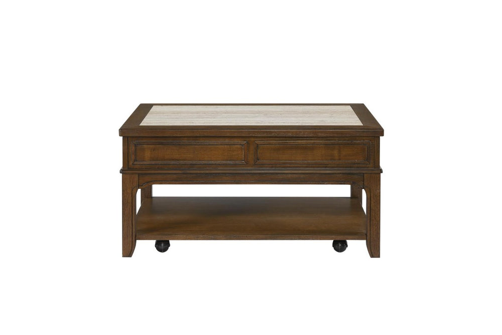 English Elm Lift-Top Cocktail Table with Concealed Compartment Open Shelf and Casters Warm Brown B2699P589267