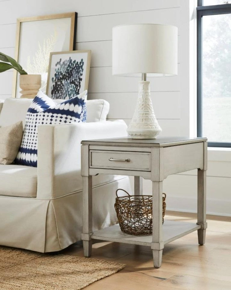 English Elm End Table with Drawer Open Shelf Whitewashed Wood Coastal Cottage Living Room Accent B2699P589270