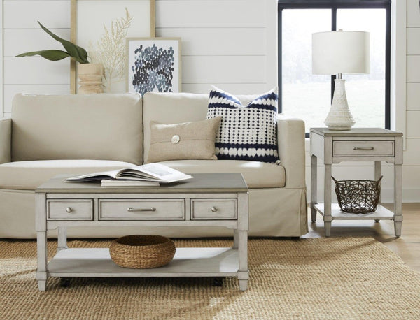 English Elm End Table with Drawer Open Shelf Whitewashed Wood Coastal Cottage Living Room Accent B2699P589270