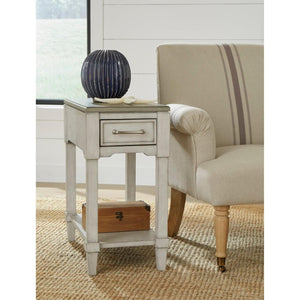 English Elm Chairside Table Whitewashed Wood with Storage Drawer and Open Display Shelf B2699P589271