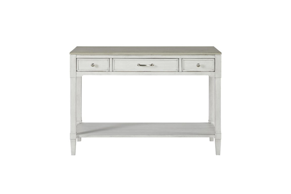English Elm Sofa Table Media Console with Open Shelf and Three Drawers Whitewashed Coastal Wood B2699P589416