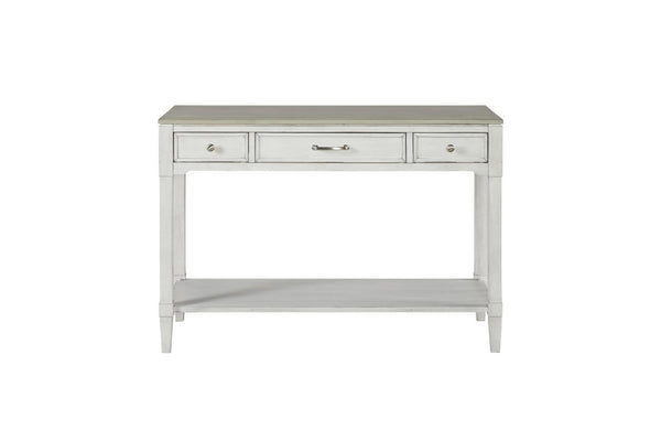 English Elm Sofa Table Media Console with Open Shelf and Three Drawers Whitewashed Coastal Wood B2699P589416