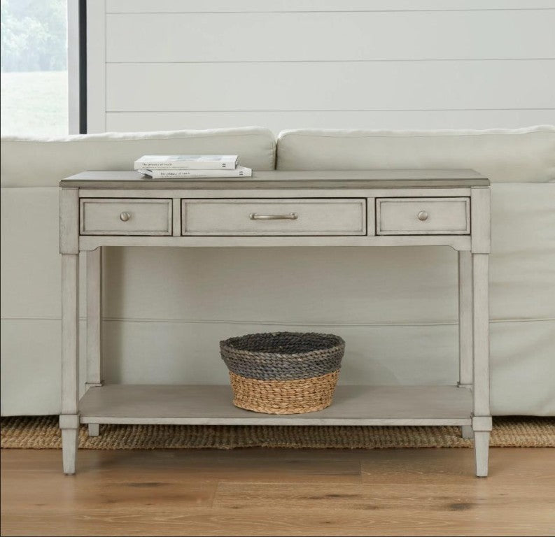 English Elm Sofa Table Media Console with Open Shelf and Three Drawers Whitewashed Coastal Wood B2699P589416