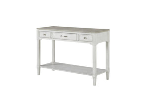 English Elm Sofa Table Media Console with Open Shelf and Three Drawers Whitewashed Coastal Wood B2699P589416