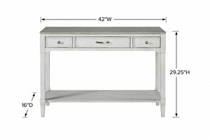 English Elm Sofa Table Media Console with Open Shelf and Three Drawers Whitewashed Coastal Wood B2699P589416