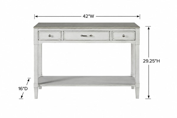 English Elm Sofa Table Media Console with Open Shelf and Three Drawers Whitewashed Coastal Wood B2699P589416