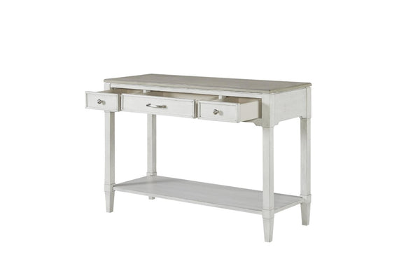 English Elm Sofa Table Media Console with Open Shelf and Three Drawers Whitewashed Coastal Wood B2699P589416
