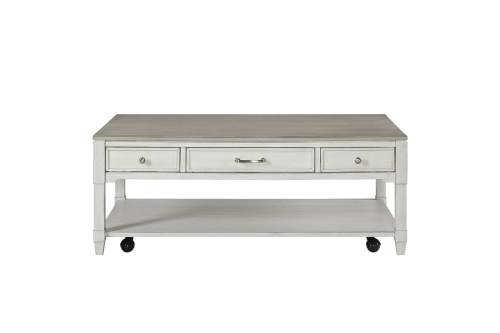 English Elm Large Whitewash Rolling Coffee Table with Three Drawers Open Shelf Farmhouse Style B2699P589417