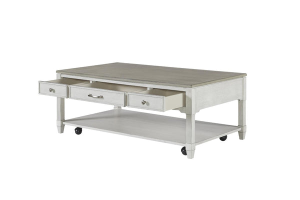 English Elm Large Whitewash Rolling Coffee Table with Three Drawers Open Shelf Farmhouse Style B2699P589417