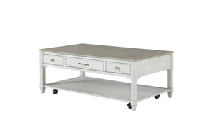 English Elm Large Whitewash Rolling Coffee Table with Three Drawers Open Shelf Farmhouse Style B2699P589417