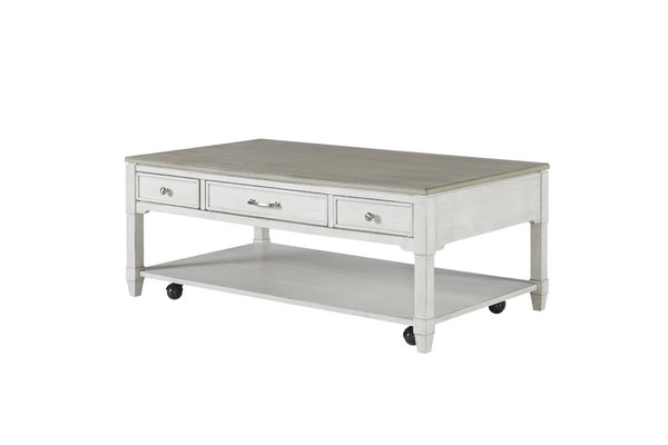 English Elm Large Whitewash Rolling Coffee Table with Three Drawers Open Shelf Farmhouse Style B2699P589417