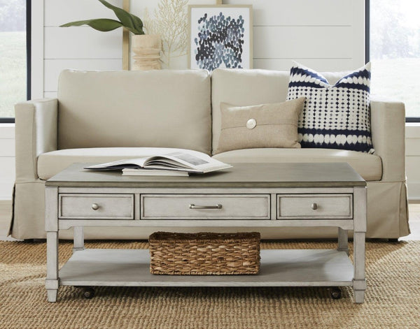 English Elm Large Whitewash Rolling Coffee Table with Three Drawers Open Shelf Farmhouse Style B2699P589417