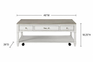 English Elm Large Whitewash Rolling Coffee Table with Three Drawers Open Shelf Farmhouse Style B2699P589417