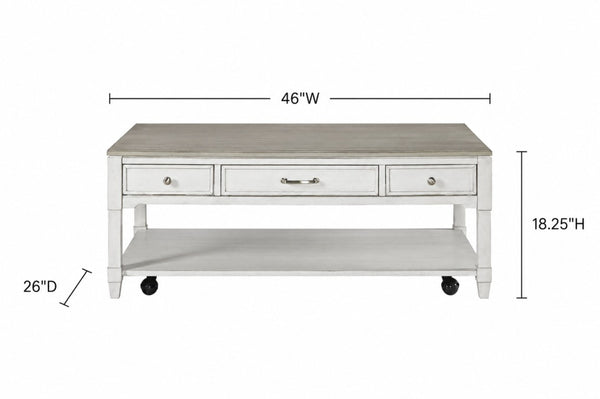 English Elm Large Whitewash Rolling Coffee Table with Three Drawers Open Shelf Farmhouse Style B2699P589417