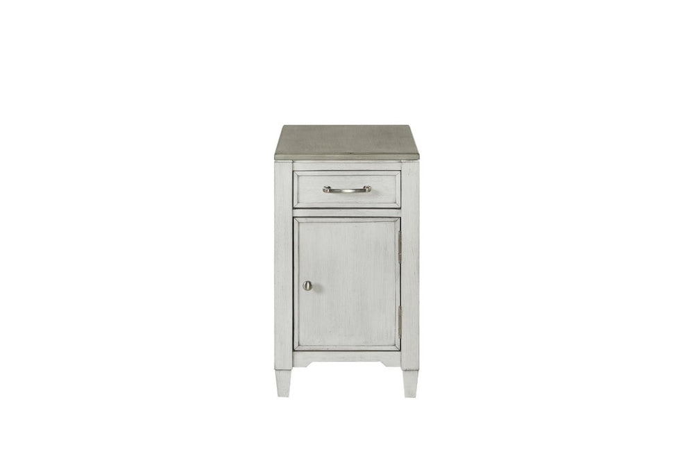 English Elm Chairside Cabinet with USB Outlets Drawer and Hidden Storage in Whitewashed Wood B2699P589418