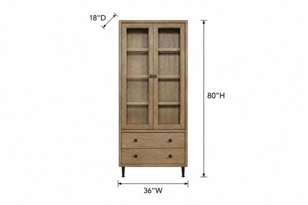 English Elm American White Oak Tall Display Cabinet with Glass Doors Soft Close Drawers B2699P594934