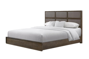 English Elm Queen Panel Bed American White Oak Rye Finish with Dual Base Options and Faux Leather Headboard B2699S00120