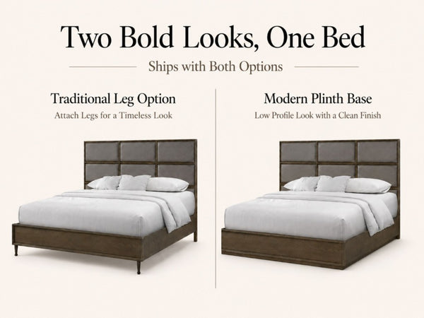 English Elm Queen Panel Bed American White Oak Rye Finish with Dual Base Options and Faux Leather Headboard B2699S00120