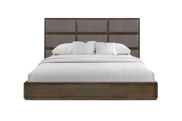 English Elm Queen Panel Bed American White Oak Rye Finish with Dual Base Options and Faux Leather Headboard B2699S00120