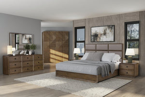English Elm Queen Panel Bed American White Oak Rye Finish with Dual Base Options and Faux Leather Headboard B2699S00120