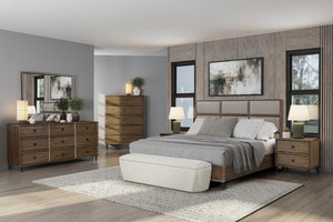 English Elm Queen Panel Bed American White Oak Rye Finish with Dual Base Options and Faux Leather Headboard B2699S00120