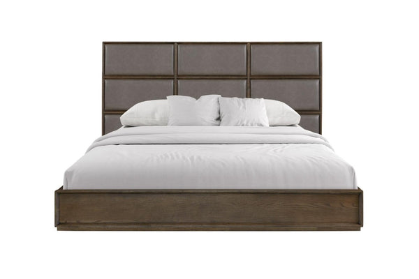 English Elm King Upholstered Panel Bed Solid White Oak Frame with Faux Leather Headboard Rye Finish Dark Brown B2699S00121