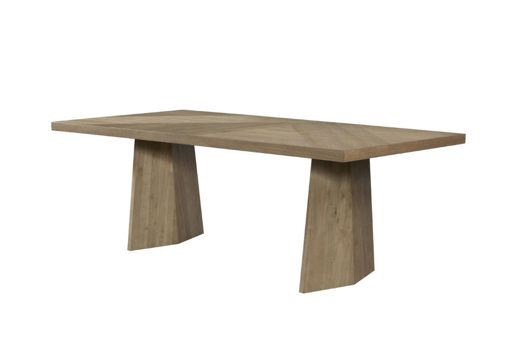 English Elm Faceted Oak Veneer Rectangular Dining Table Seats Eight Japandi Sculptural Base B2699S00122
