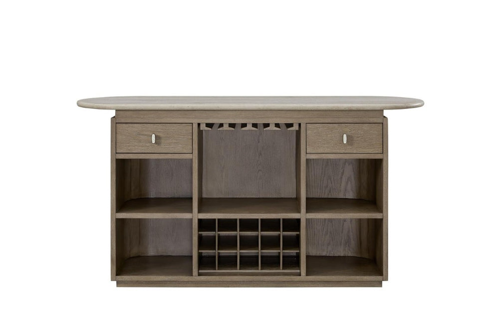 English Elm Modern Organic Bar Cabinet with Travertine Stone Top Rope Panels and Red Oak Frame B2699S00125