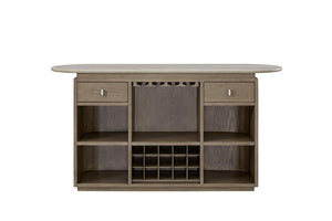 English Elm Modern Organic Bar Cabinet with Travertine Stone Top Rope Panels and Red Oak Frame B2699S00125