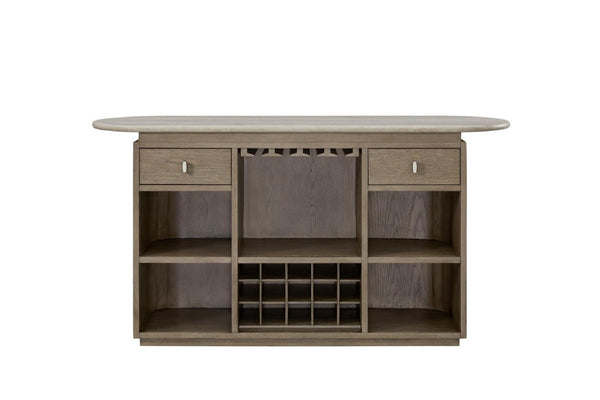 English Elm Modern Organic Bar Cabinet with Travertine Stone Top Rope Panels and Red Oak Frame B2699S00125
