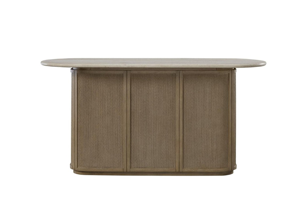 English Elm Modern Organic Bar Cabinet with Travertine Stone Top Rope Panels and Red Oak Frame B2699S00125