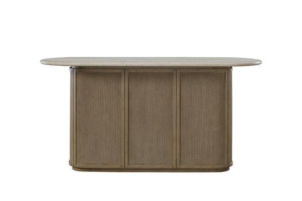 English Elm Modern Organic Bar Cabinet with Travertine Stone Top Rope Panels and Red Oak Frame B2699S00125