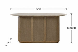 English Elm Modern Organic Bar Cabinet with Travertine Stone Top Rope Panels and Red Oak Frame B2699S00125