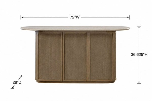 English Elm Modern Organic Bar Cabinet with Travertine Stone Top Rope Panels and Red Oak Frame B2699S00125
