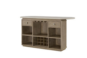 English Elm Modern Organic Bar Cabinet with Travertine Stone Top Rope Panels and Red Oak Frame B2699S00125