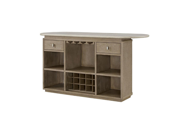 English Elm Modern Organic Bar Cabinet with Travertine Stone Top Rope Panels and Red Oak Frame B2699S00125