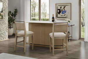 English Elm Modern Organic Bar Cabinet with Travertine Stone Top Rope Panels and Red Oak Frame B2699S00125
