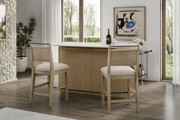 English Elm Modern Organic Bar Cabinet with Travertine Stone Top Rope Panels and Red Oak Frame B2699S00125