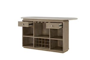 English Elm Modern Organic Bar Cabinet with Travertine Stone Top Rope Panels and Red Oak Frame B2699S00125