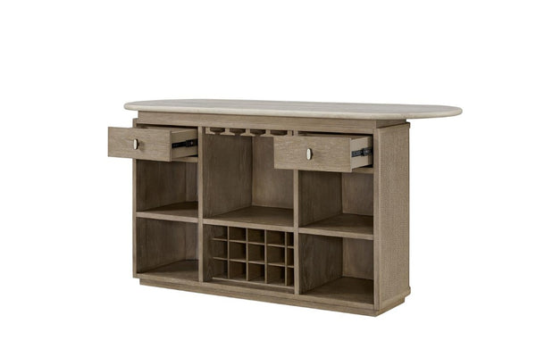 English Elm Modern Organic Bar Cabinet with Travertine Stone Top Rope Panels and Red Oak Frame B2699S00125
