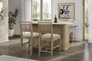 English Elm Modern Organic Bar Cabinet with Travertine Stone Top Rope Panels and Red Oak Frame B2699S00125